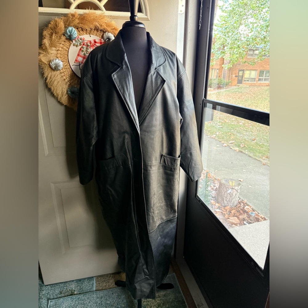 Vintage 90s Comint black leather blazer trench coat, size 2X
